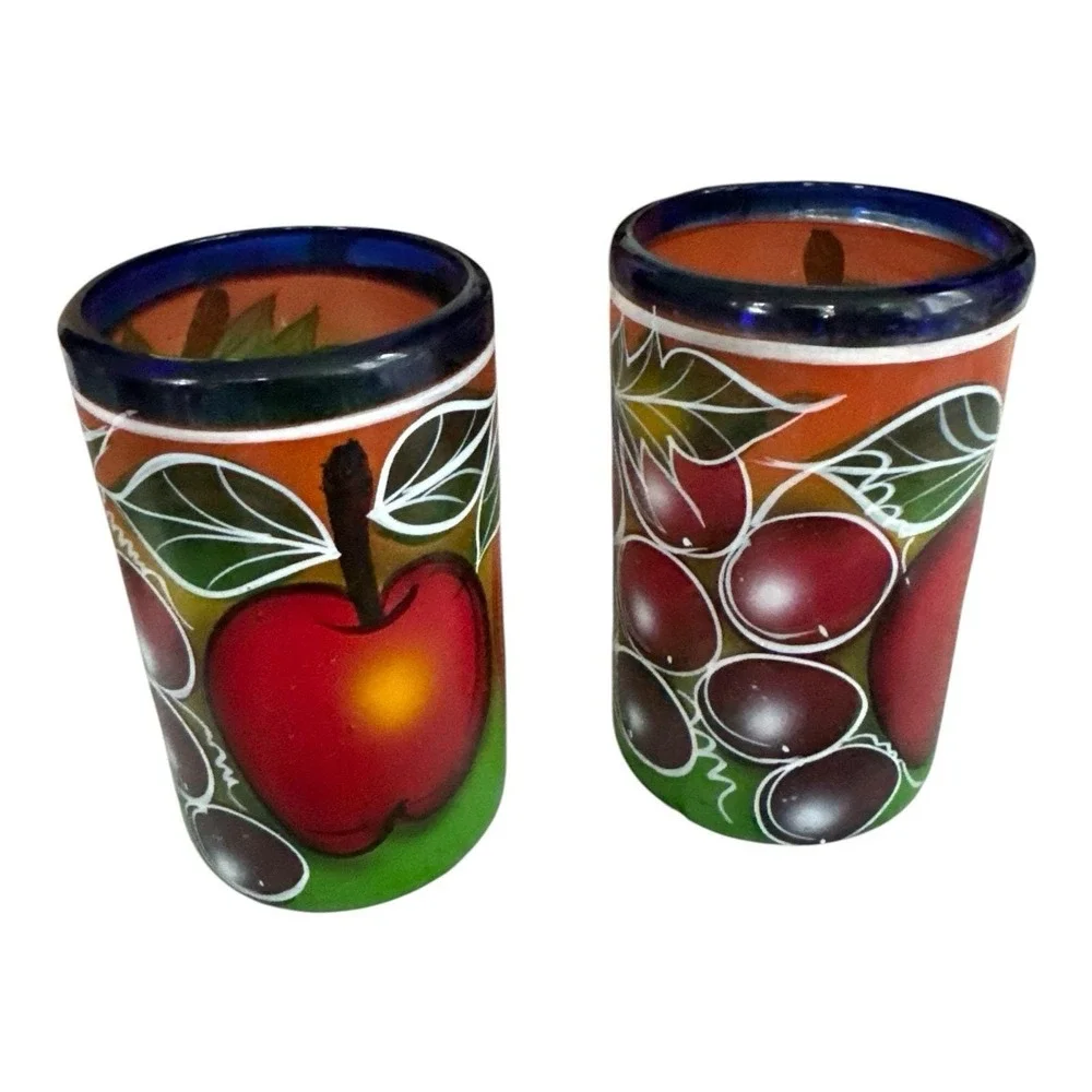 Vintage Mexican Hand Blown Painted Fruit Glass Tumblers Cobalt Blue Rim Set